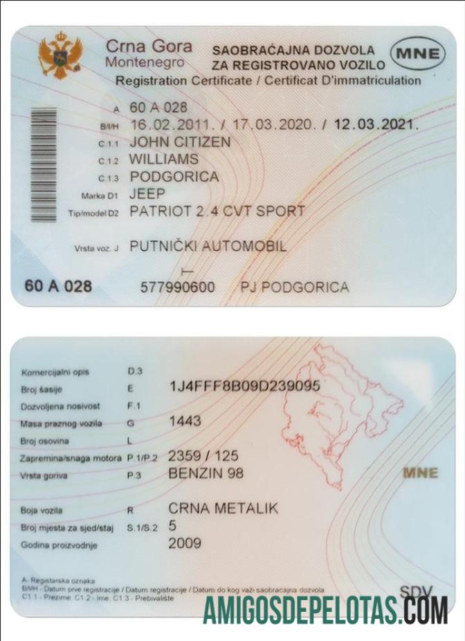 Certificado de Registro de Veículo MONTENEGRO modelo